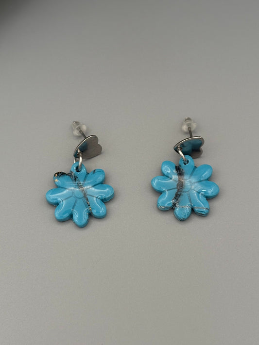 Faux Turquoise Flower Dangle Earrings - handcrafted polymer clay earrings by Lakeside Clay