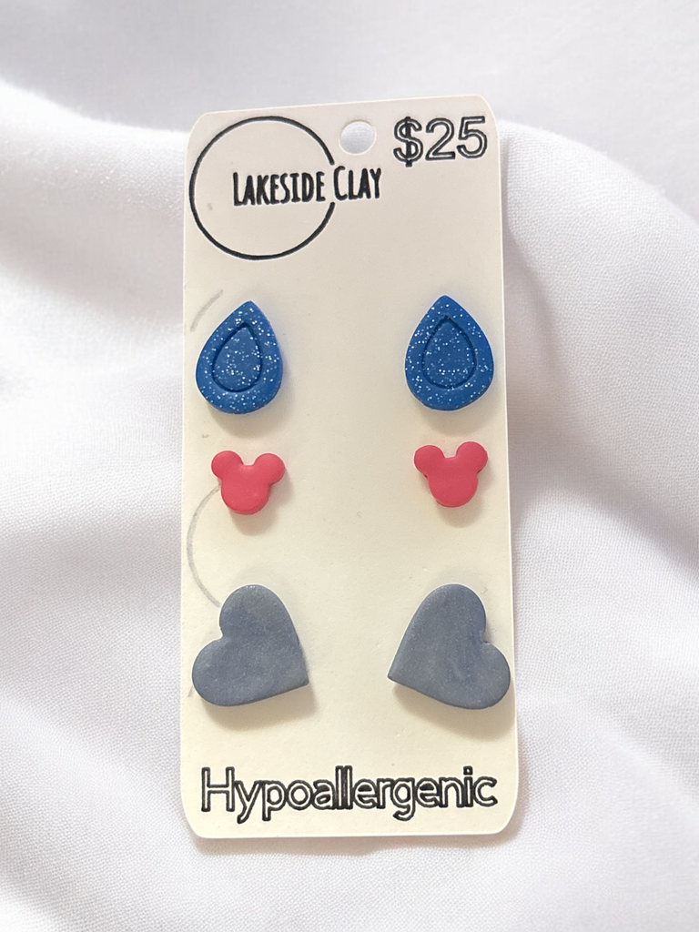 Drops, Mice, Hearts Stud Earrings - handcrafted polymer clay earrings by Lakeside Clay