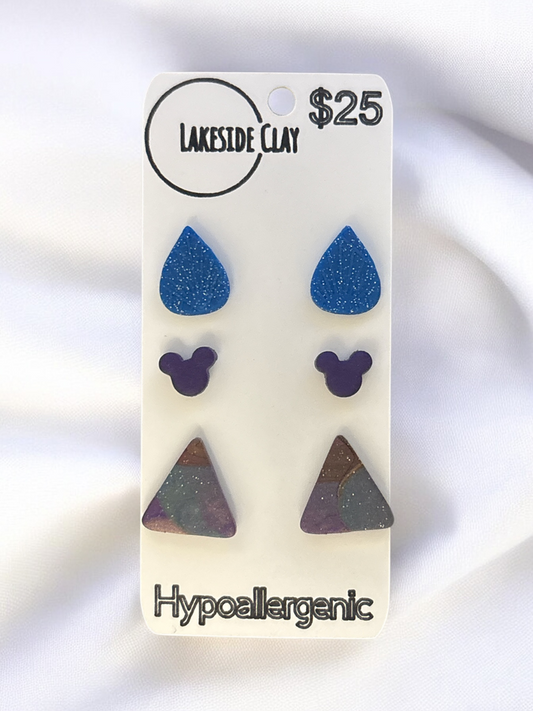 Drops, Mice, Triangles Stud Earrings - handcrafted polymer clay earrings by Lakeside Clay
