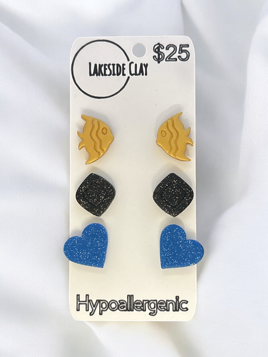 Fish, Diamonds, Hearts Stud Earrings - handcrafted polymer clay earrings by Lakeside Clay