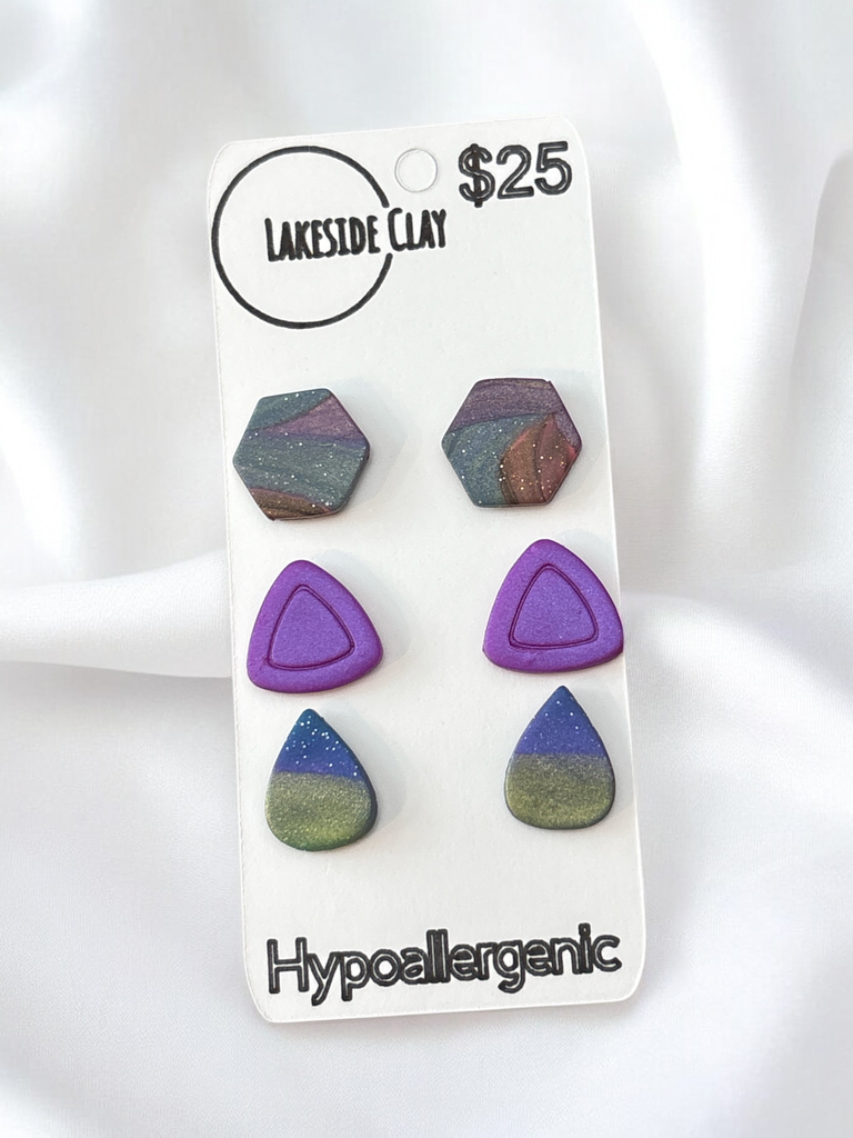 Hexagons, Triangles, Drops Stud Earrings - handcrafted polymer clay earrings by Lakeside Clay