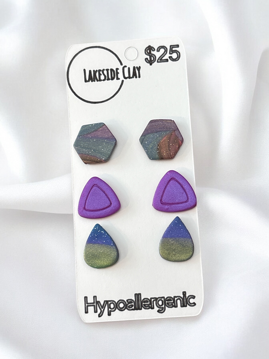 Hexagons, Triangles, Drops Stud Earrings - handcrafted polymer clay earrings by Lakeside Clay