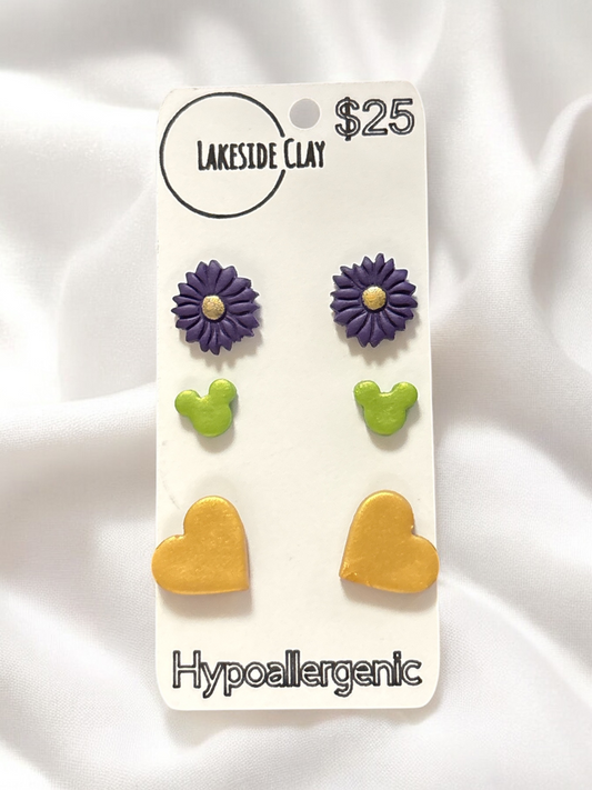 Flowers, Mice, Hearts Stud Earrings - handcrafted polymer clay earrings by Lakeside Clay