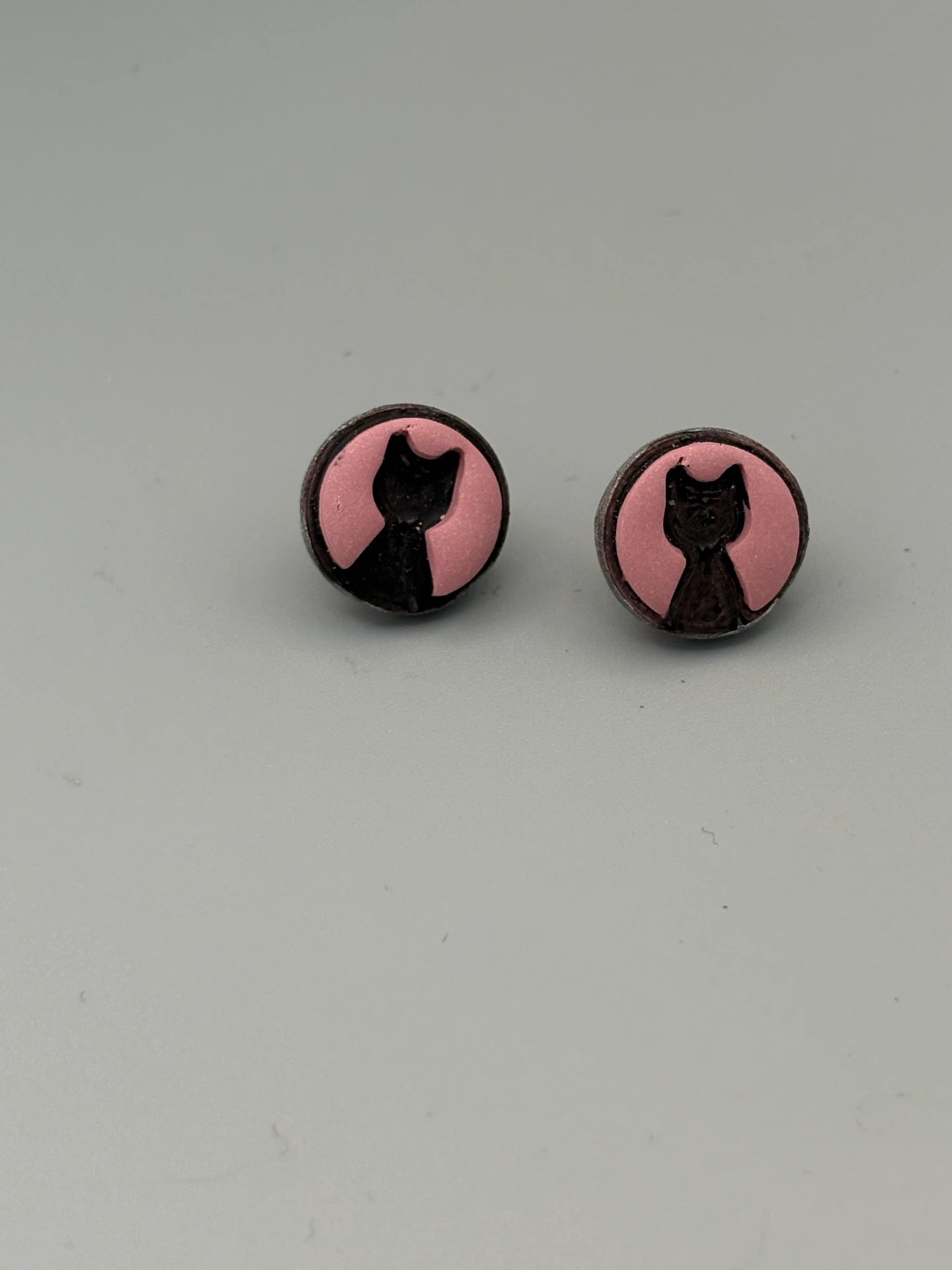 Pink Cat Head Stud Earrings - handcrafted polymer clay earrings by Lakeside Clay
