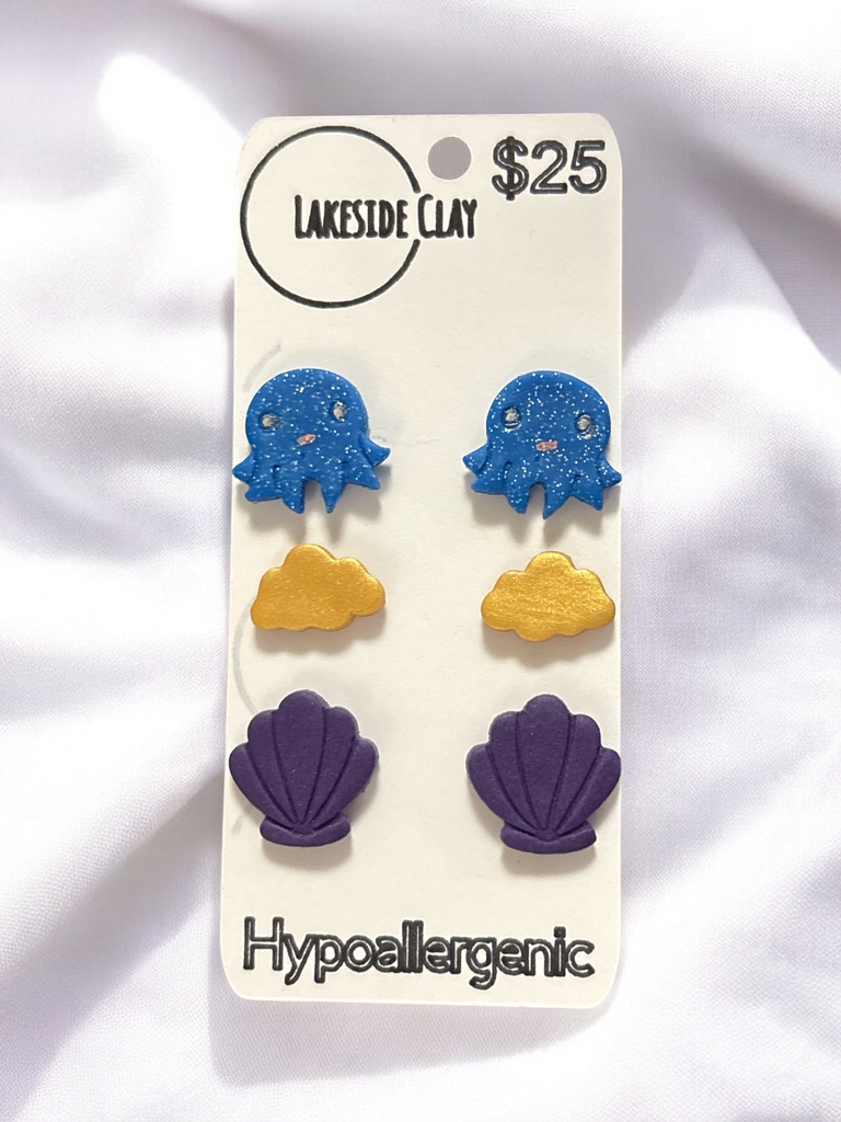 Octopus, Clouds, Shells Stud Earrings - handcrafted polymer clay earrings by Lakeside Clay