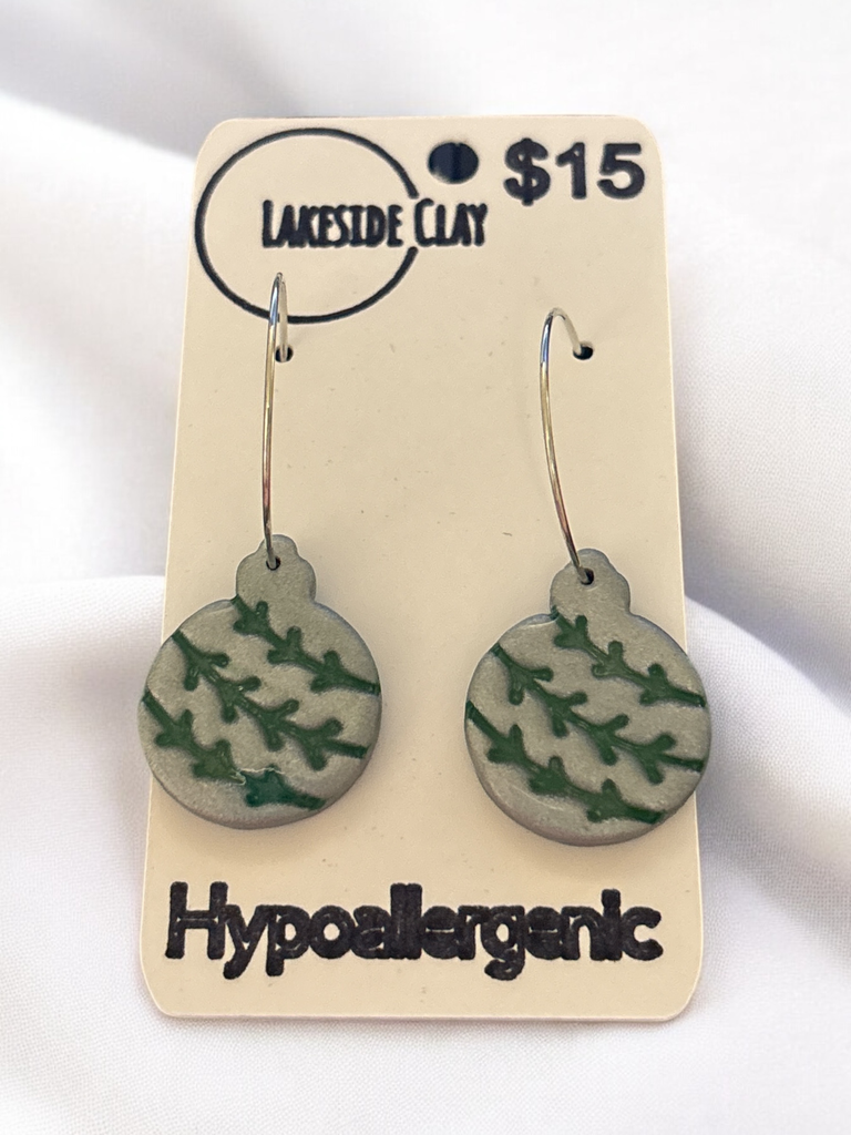 Silver & Green Bauble Hoop Earrings - handcrafted polymer clay earrings by Lakeside Clay