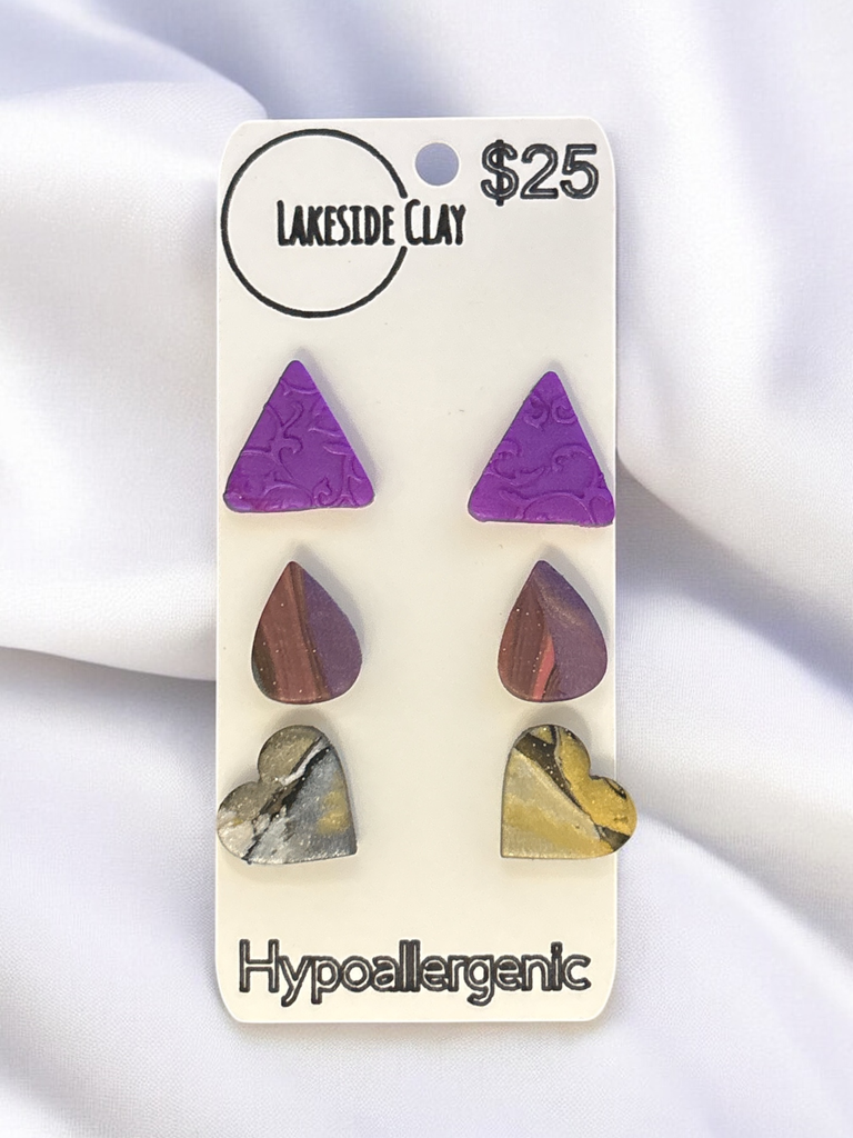 Triangles, Drops, Hearts Stud Earrings - handcrafted polymer clay earrings by Lakeside Clay