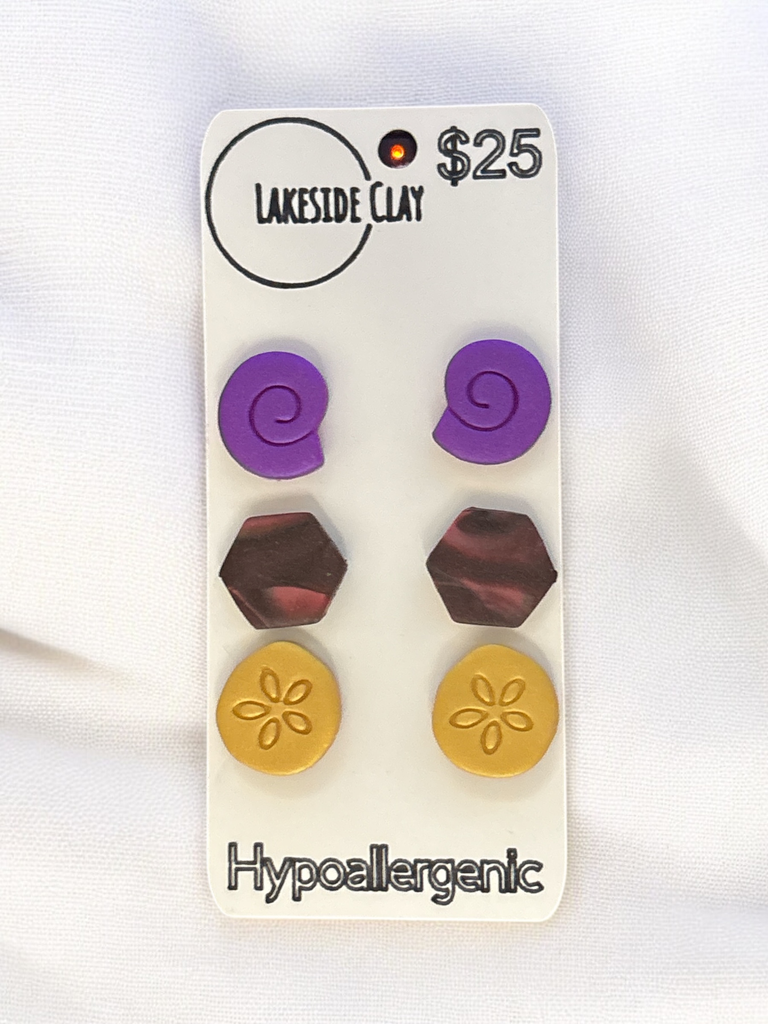 Swirl Shells, Hexagons, Sand Dollars Stud Earrings - handcrafted polymer clay earrings by Lakeside Clay