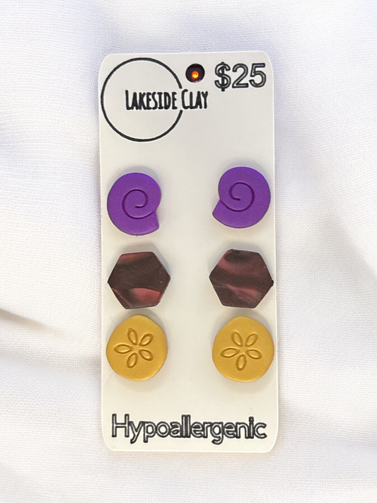 Swirl Shells, Hexagons, Sand Dollars Stud Earrings - handcrafted polymer clay earrings by Lakeside Clay