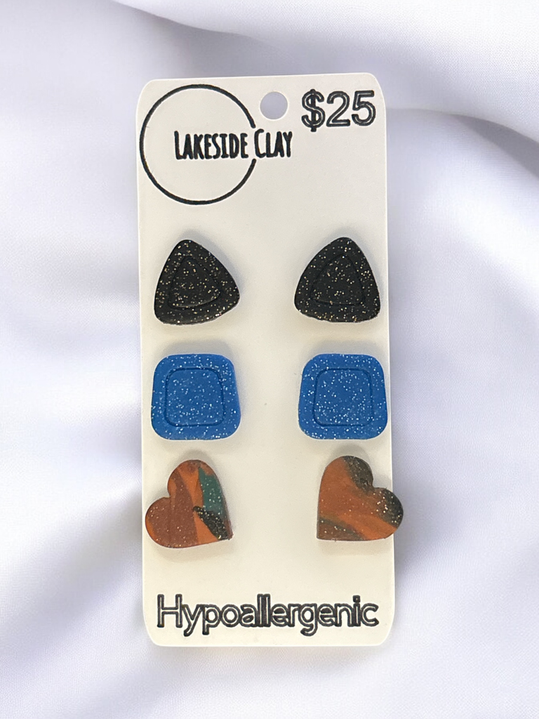 Triangles, Trapezoids, Hearts Stud Earrings - handcrafted polymer clay earrings by Lakeside Clay
