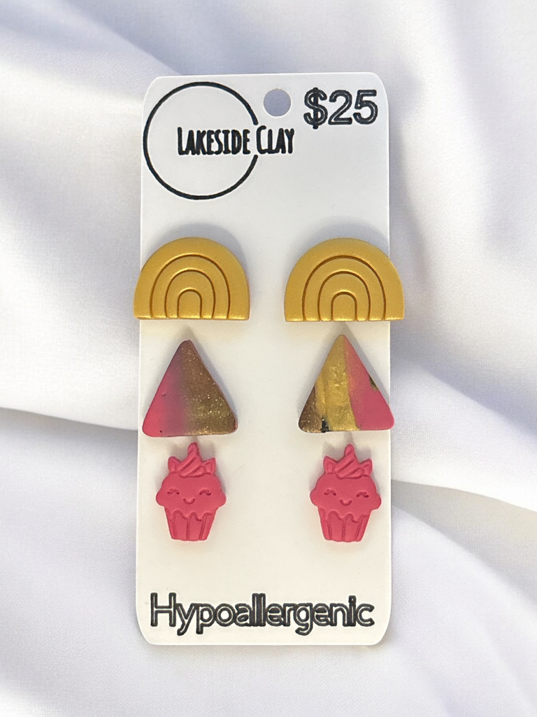 Rainbows, Triangles, Cupcakes Stud Earrings - handcrafted polymer clay earrings by Lakeside Clay