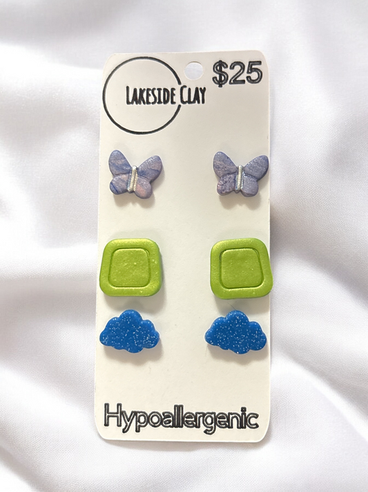 Butterflies, Trapezoids, Clouds Stud Earrings - handcrafted polymer clay earrings by Lakeside Clay