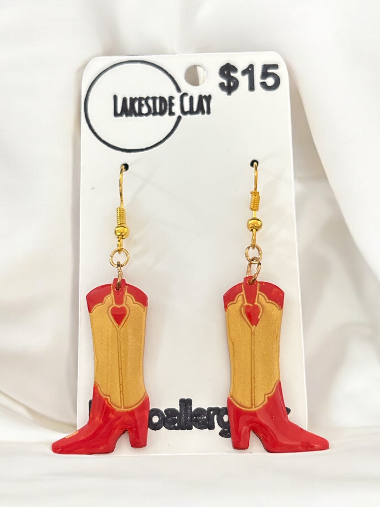 Red & Gold Cowboy Boot Dangle Earrings - handcrafted polymer clay earrings by Lakeside Clay