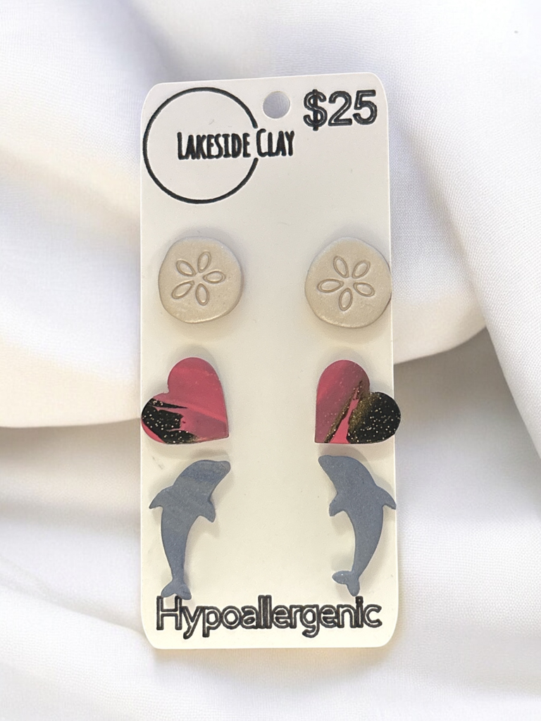 Sand Dollars, Hearts, Dolphins Stud Earrings - handcrafted polymer clay earrings by Lakeside Clay