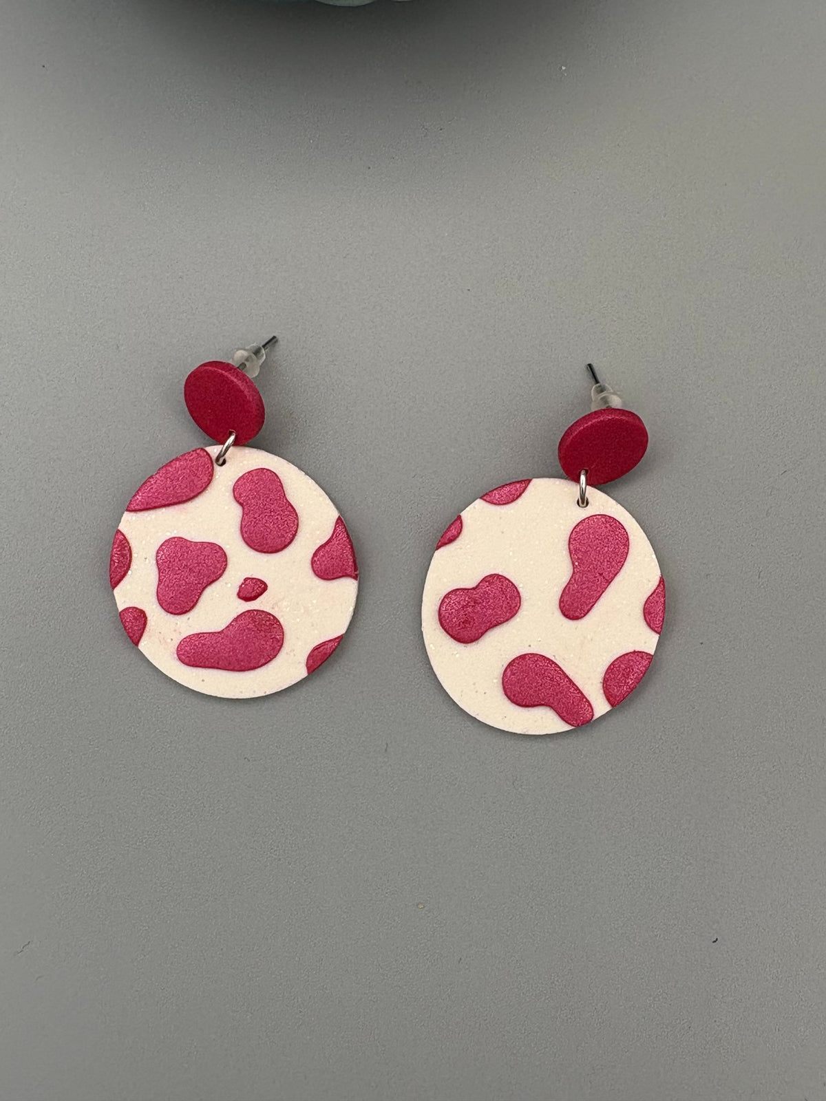 Pink Cow Print Circle Dangle Earrings - handcrafted polymer clay earrings by Lakeside Clay