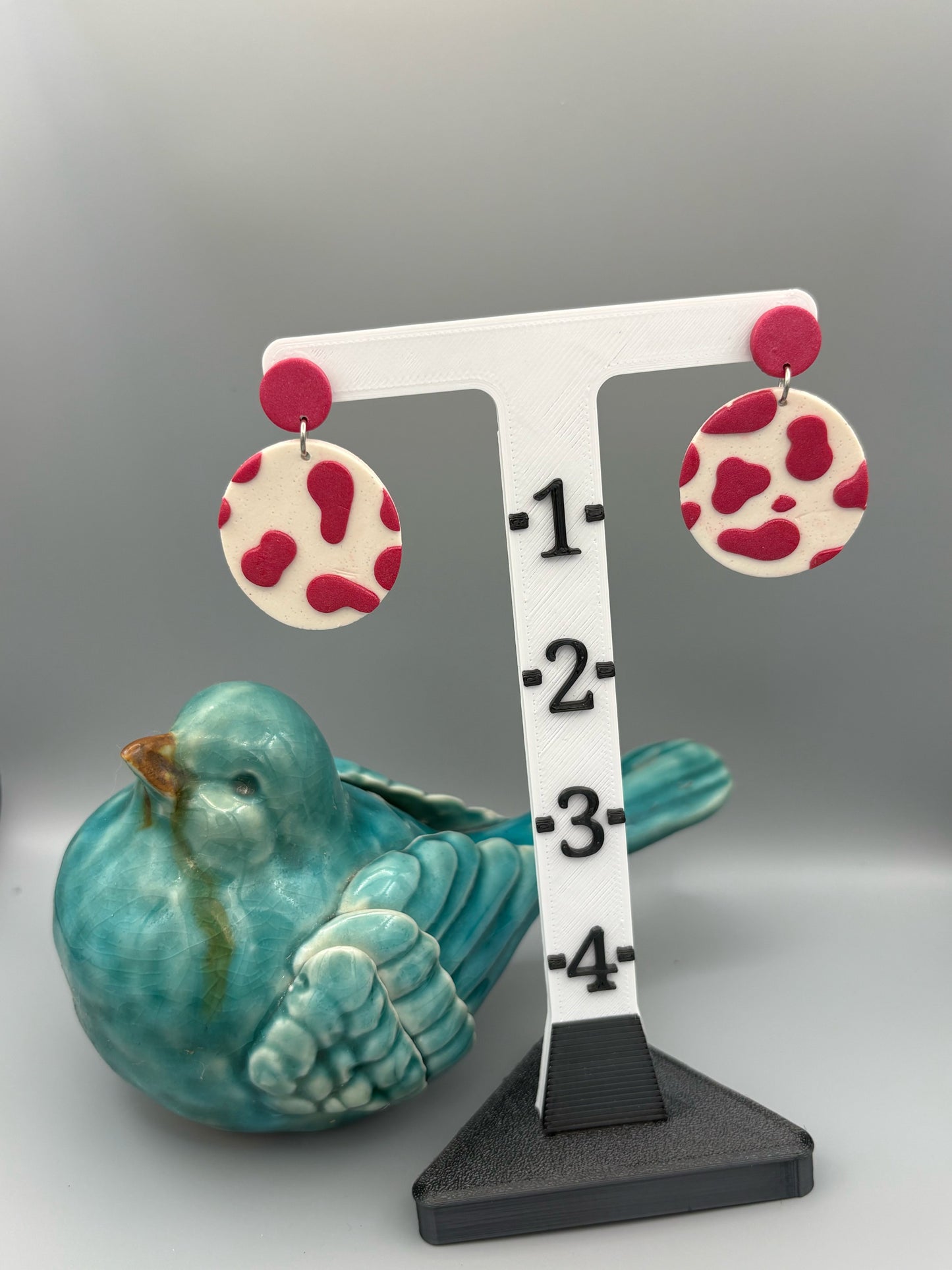 Pink Cow Print Circle Dangle Earrings - handcrafted polymer clay earrings by Lakeside Clay