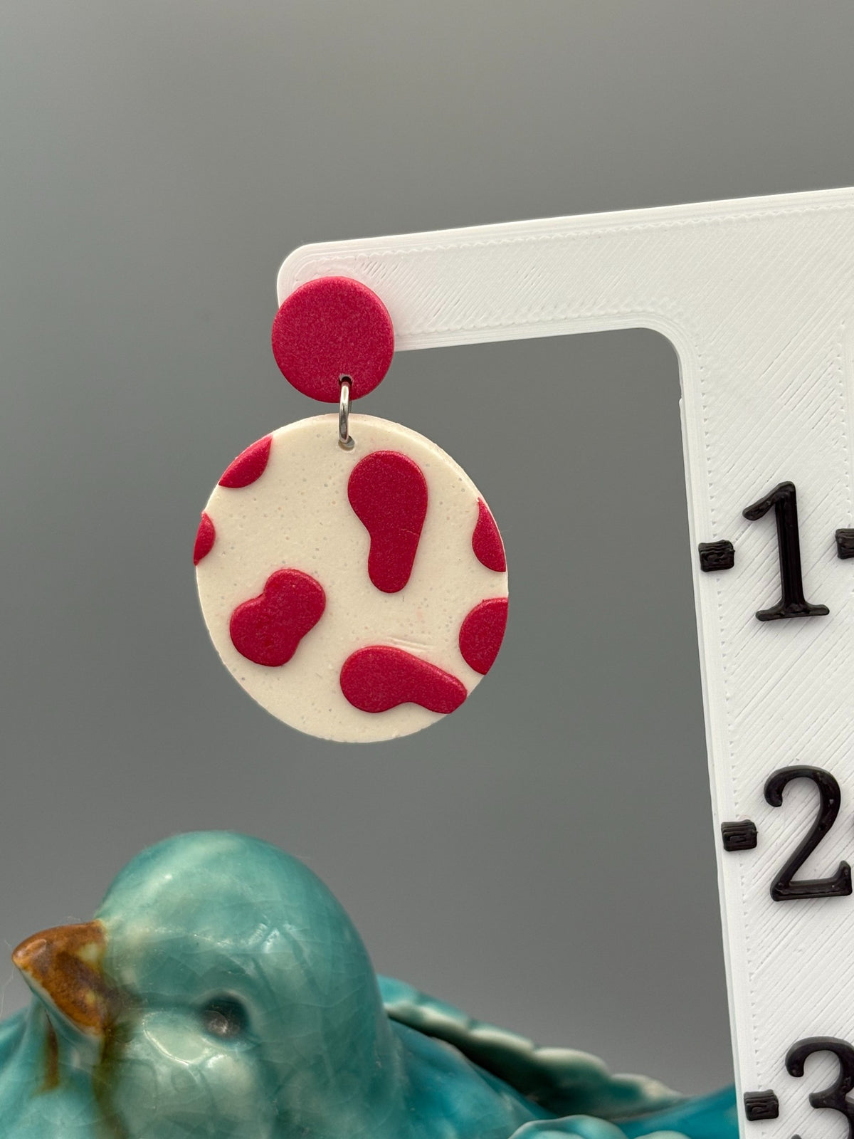 Pink Cow Print Circle Dangle Earrings - handcrafted polymer clay earrings by Lakeside Clay