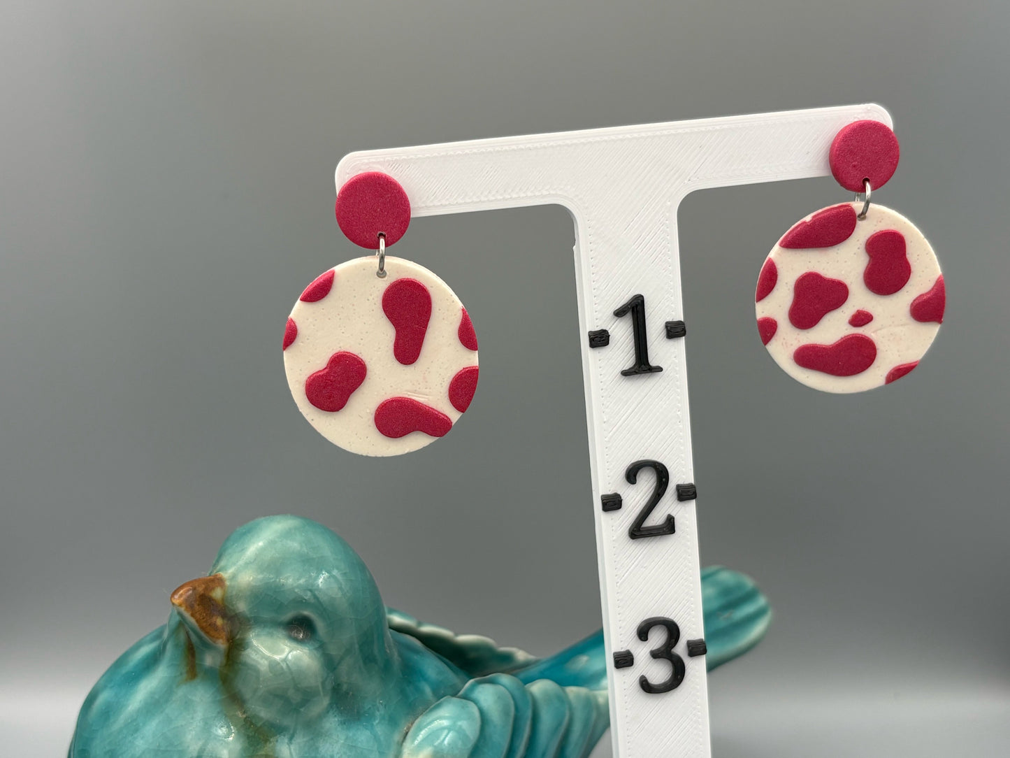 Pink Cow Print Circle Dangle Earrings - handcrafted polymer clay earrings by Lakeside Clay