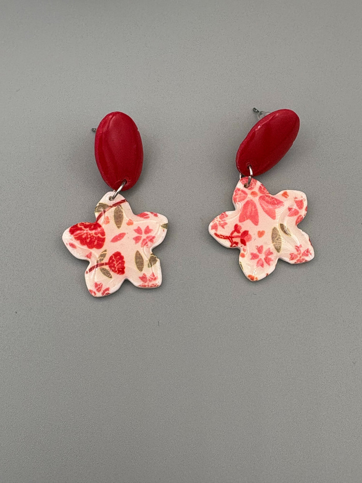 Flower Pattern Star Flower Dangle Earrings - handcrafted polymer clay earrings by Lakeside Clay