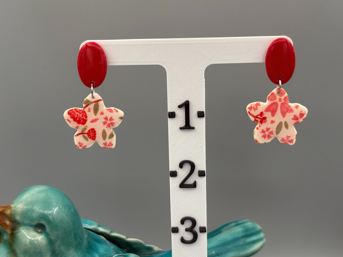 Flower Pattern Star Flower Dangle Earrings - handcrafted polymer clay earrings by Lakeside Clay