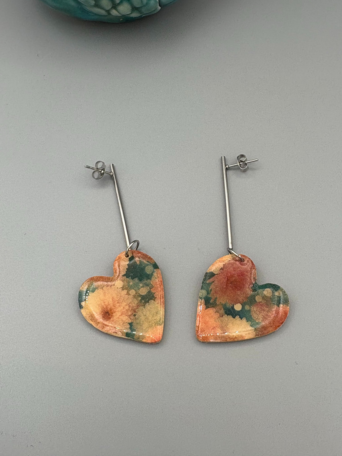 Flower Pattern Drop Heart Dangle Earrings - handcrafted polymer clay earrings by Lakeside Clay