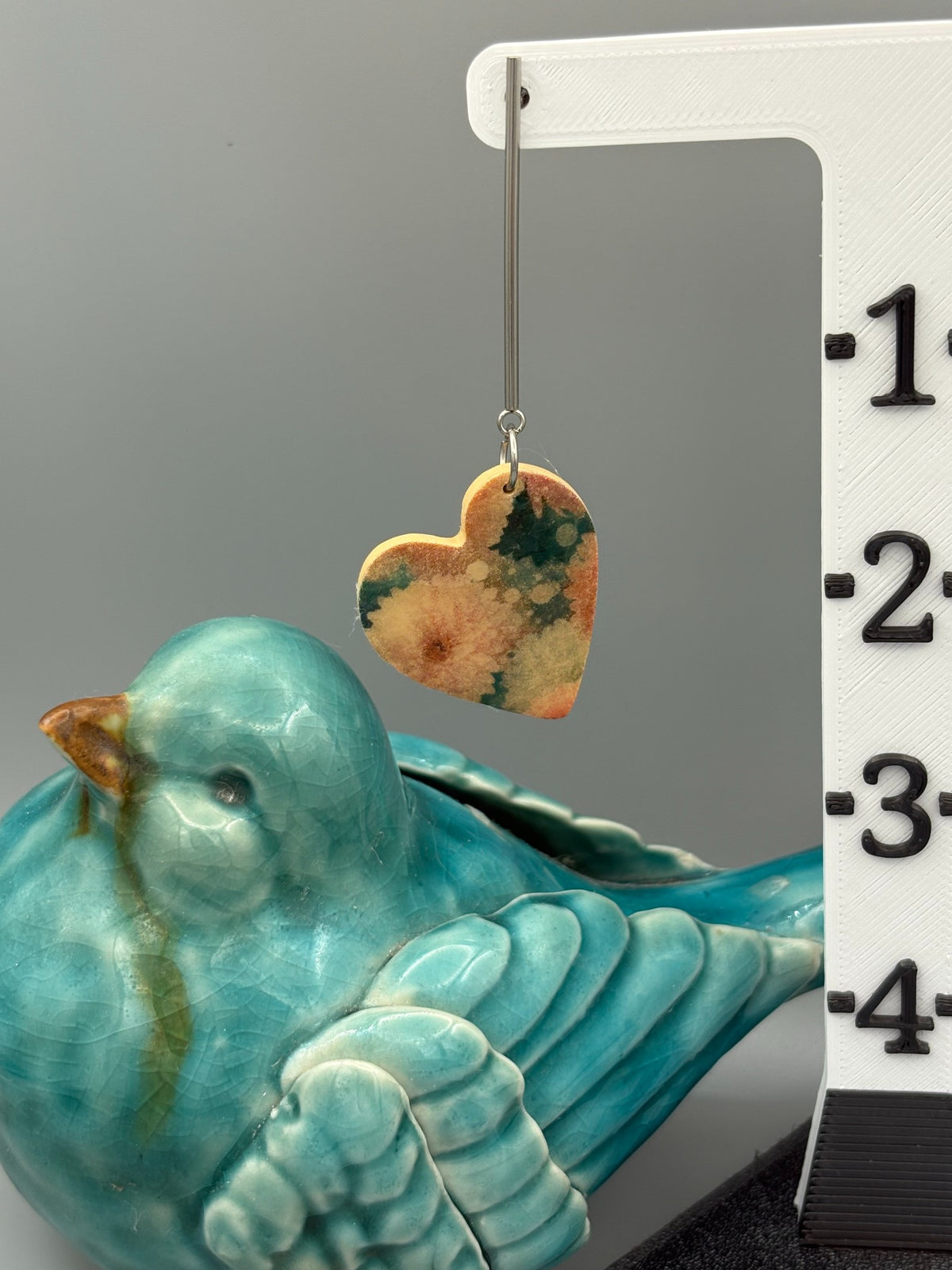 Flower Pattern Drop Heart Dangle Earrings - handcrafted polymer clay earrings by Lakeside Clay