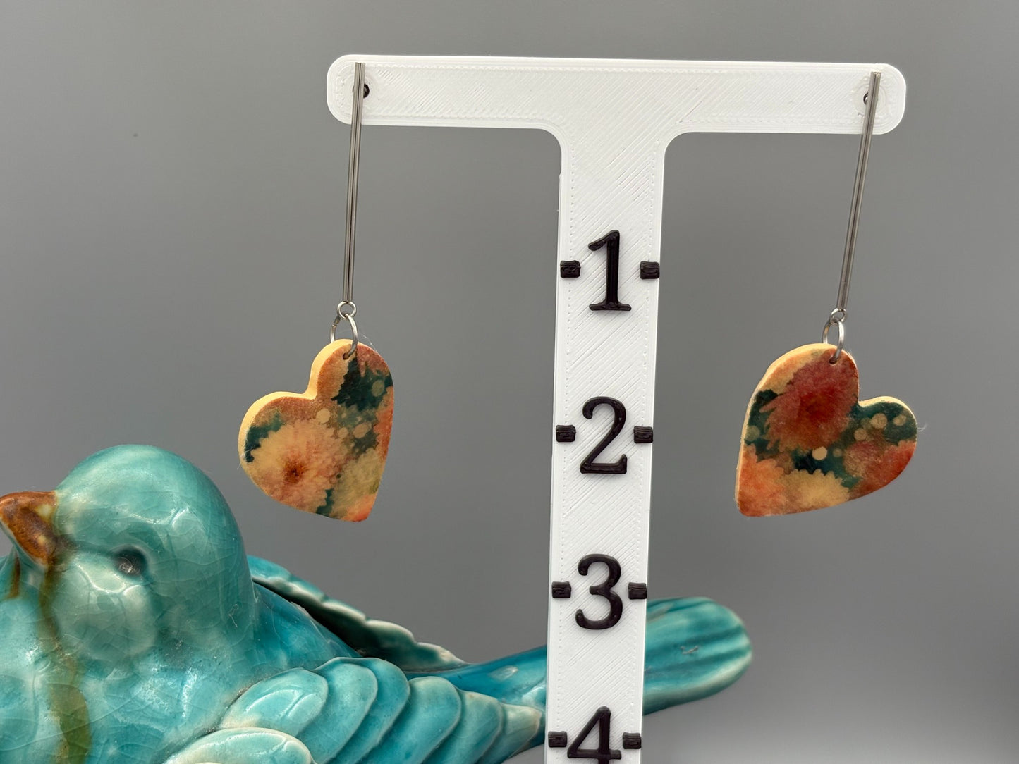 Flower Pattern Drop Heart Dangle Earrings - handcrafted polymer clay earrings by Lakeside Clay