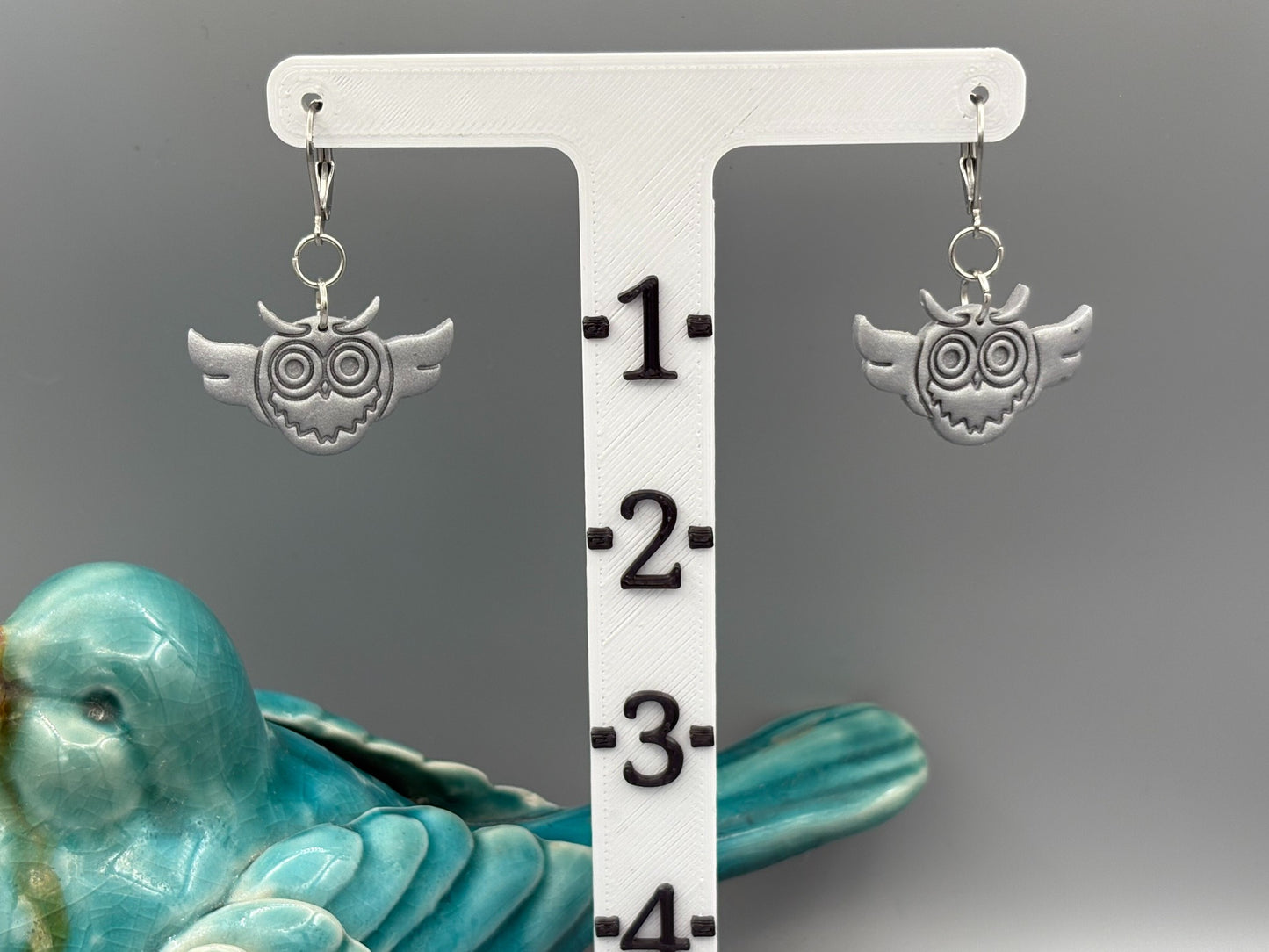 Silver Owl Dangle Earrings - handcrafted polymer clay earrings by Lakeside Clay