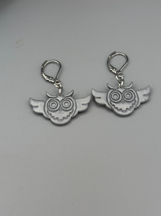 Silver Owl Dangle Earrings - handcrafted polymer clay earrings by Lakeside Clay
