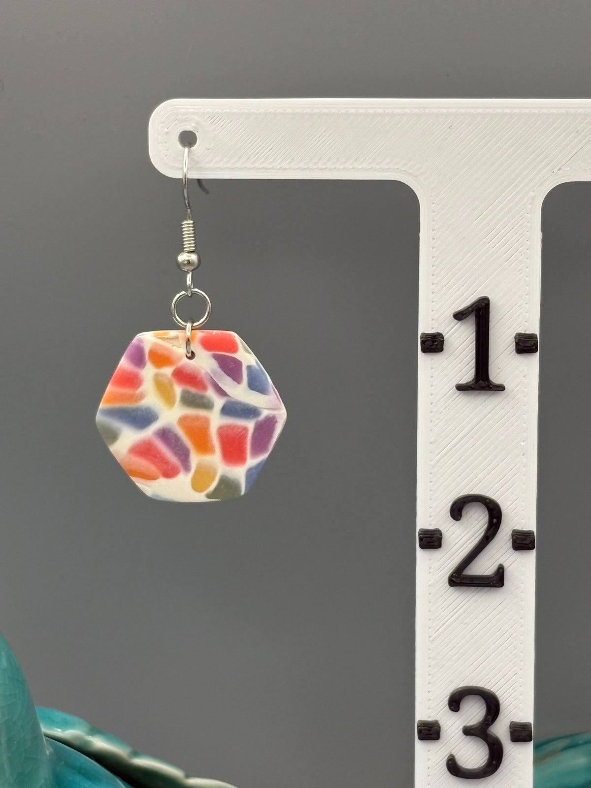 Rainbow Mosaic Hexagon Dangle Earrings - handcrafted polymer clay earrings by Lakeside Clay