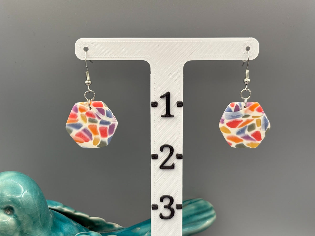 Rainbow Mosaic Hexagon Dangle Earrings - handcrafted polymer clay earrings by Lakeside Clay