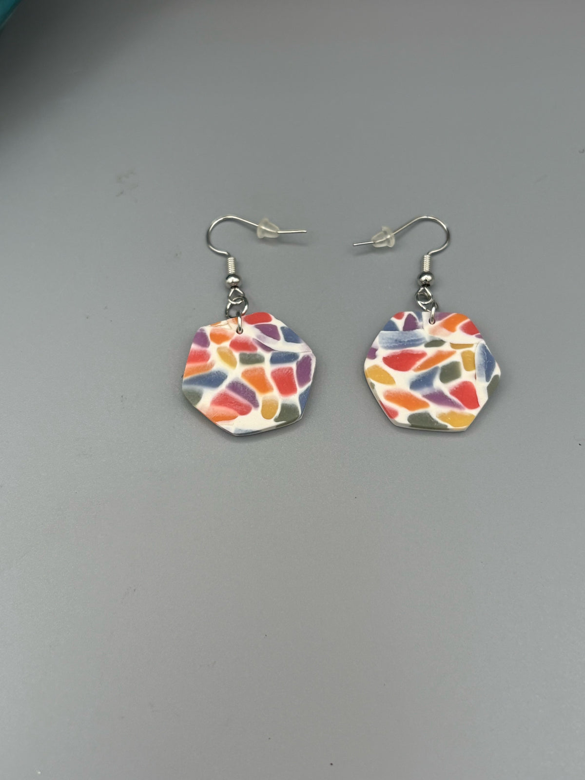 Rainbow Mosaic Hexagon Dangle Earrings - handcrafted polymer clay earrings by Lakeside Clay