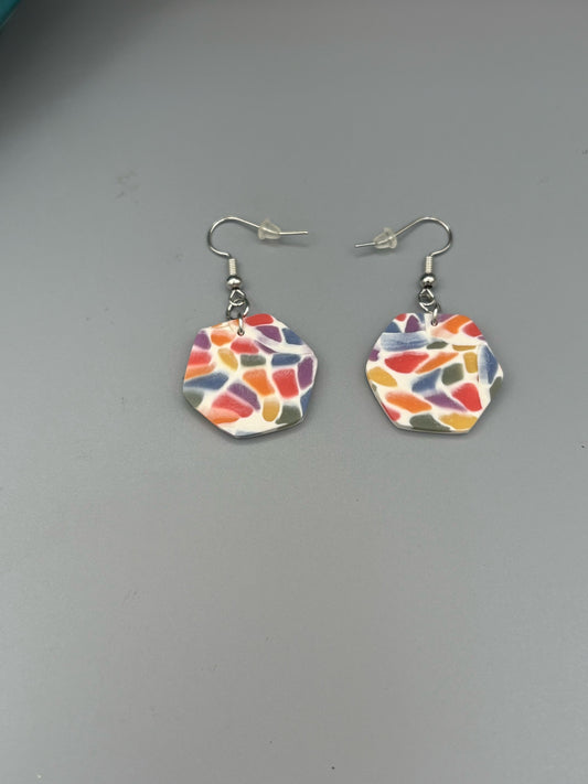 Rainbow Mosaic Hexagon Dangle Earrings - handcrafted polymer clay earrings by Lakeside Clay
