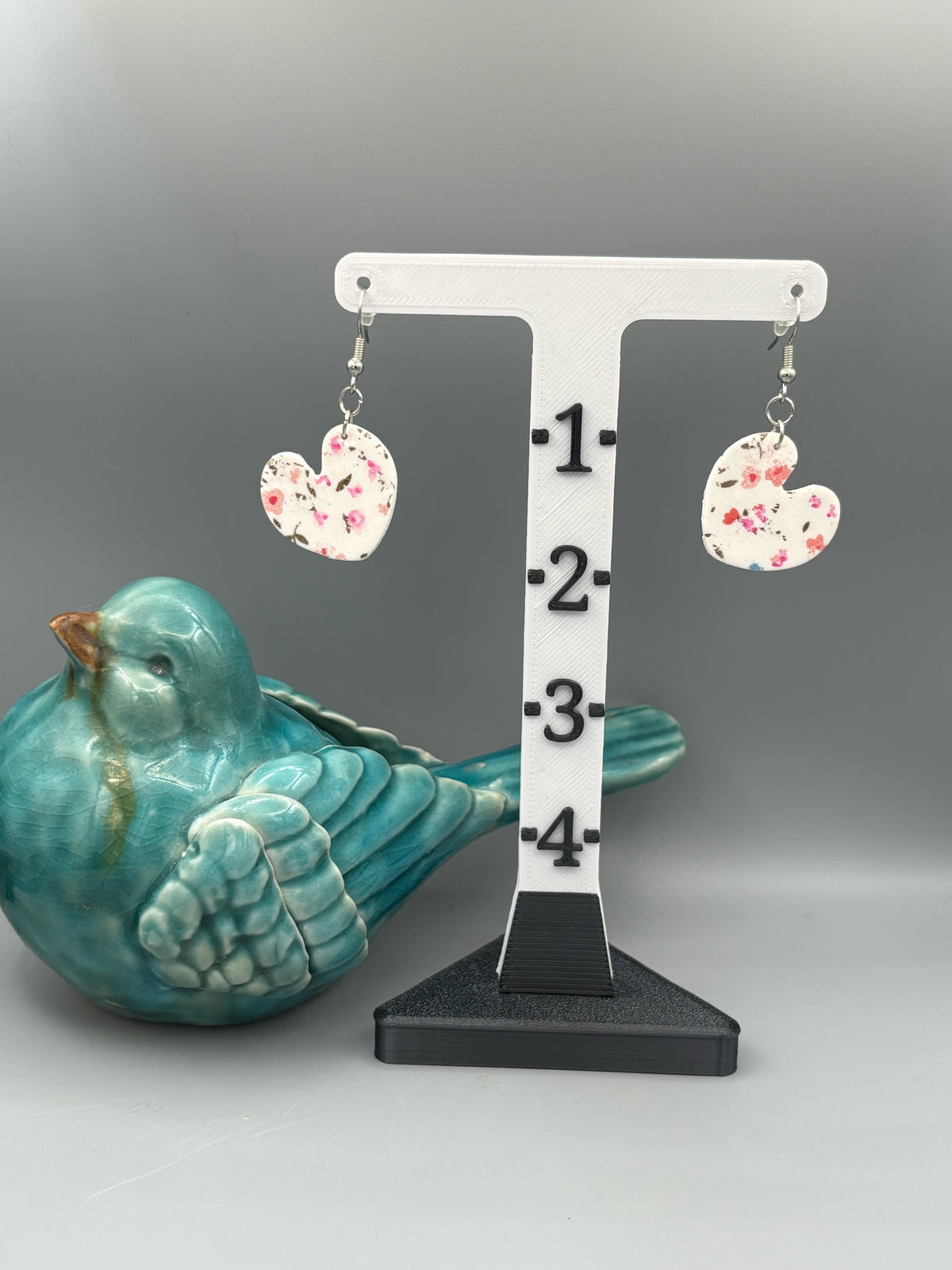 Flower Pattern Heart Dangle Earrings - handcrafted polymer clay earrings by Lakeside Clay