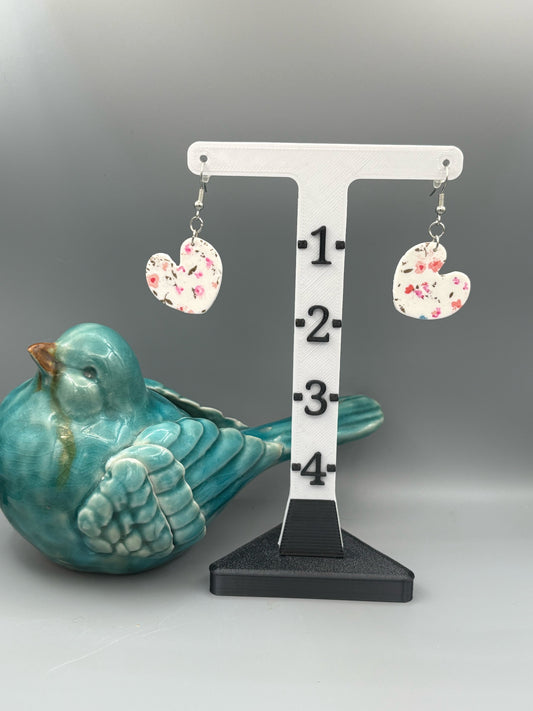 Flower Pattern Heart Dangle Earrings - handcrafted polymer clay earrings by Lakeside Clay