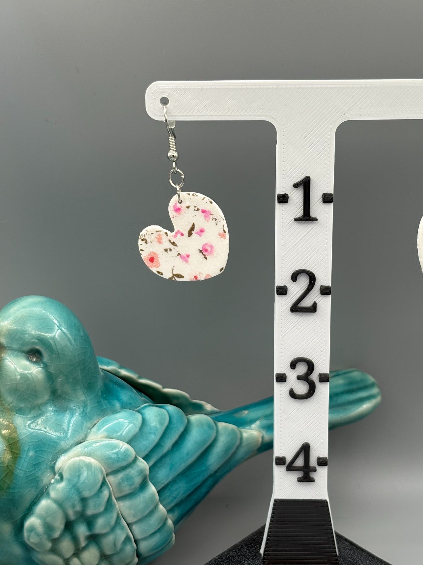 Flower Pattern Heart Dangle Earrings - handcrafted polymer clay earrings by Lakeside Clay