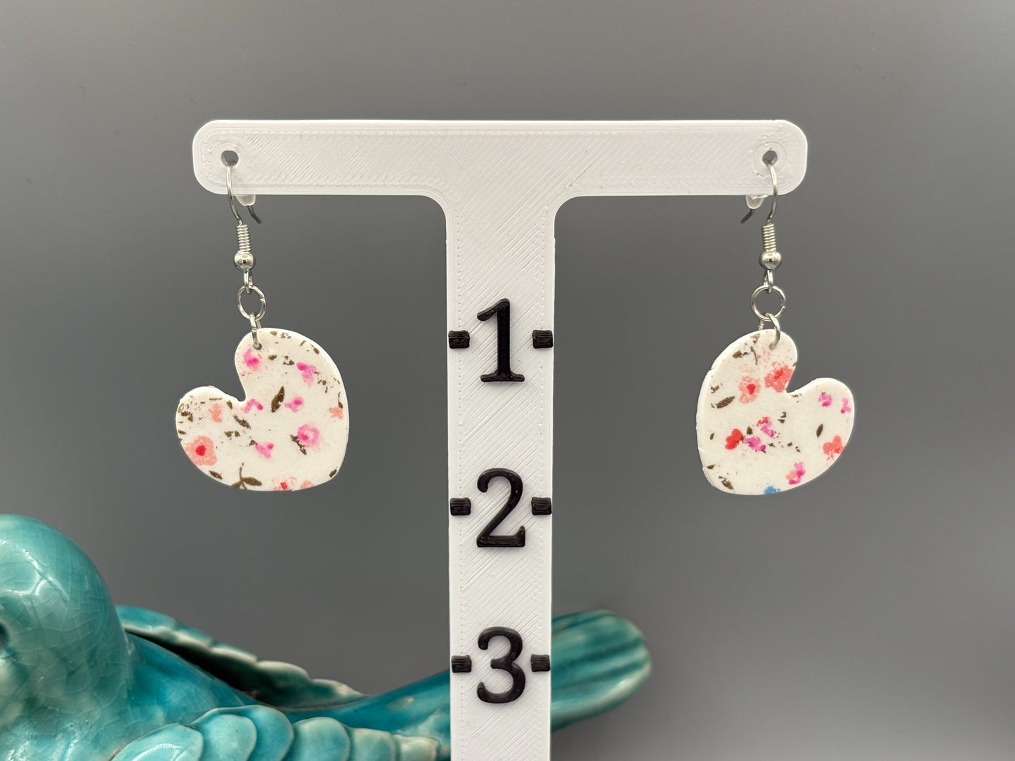 Flower Pattern Heart Dangle Earrings - handcrafted polymer clay earrings by Lakeside Clay