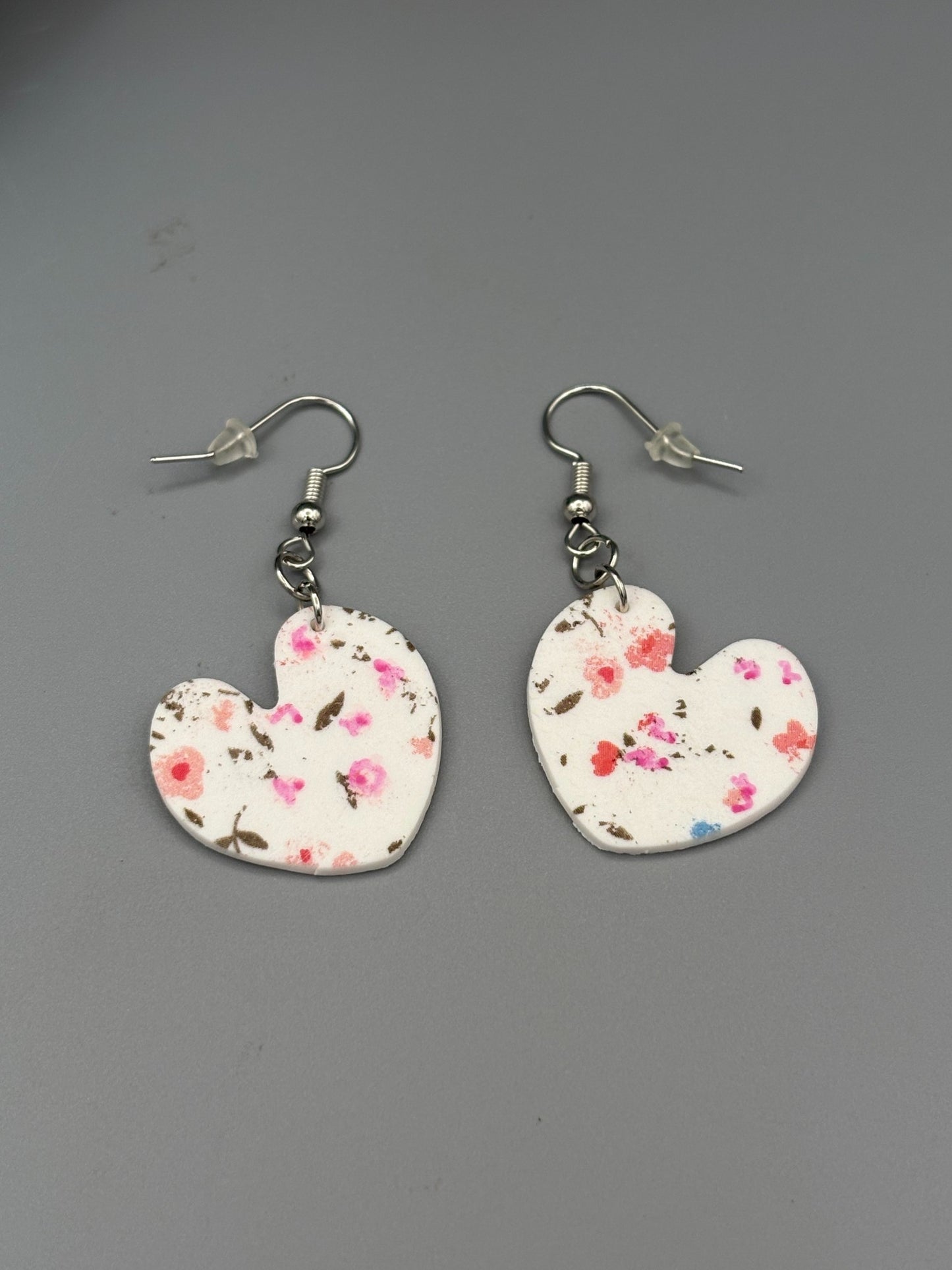 Flower Pattern Heart Dangle Earrings - handcrafted polymer clay earrings by Lakeside Clay