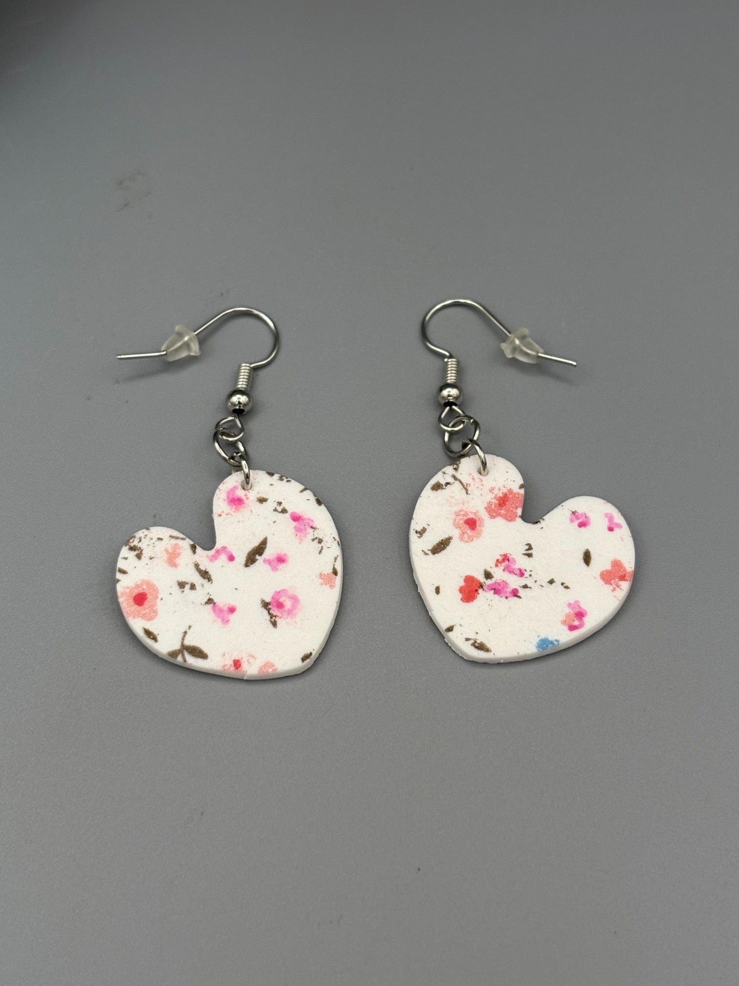 Flower Pattern Heart Dangle Earrings - handcrafted polymer clay earrings by Lakeside Clay