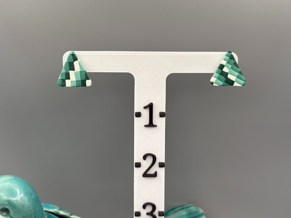 Green Checkered Triangle Stud Earrings - handcrafted polymer clay earrings by Lakeside Clay