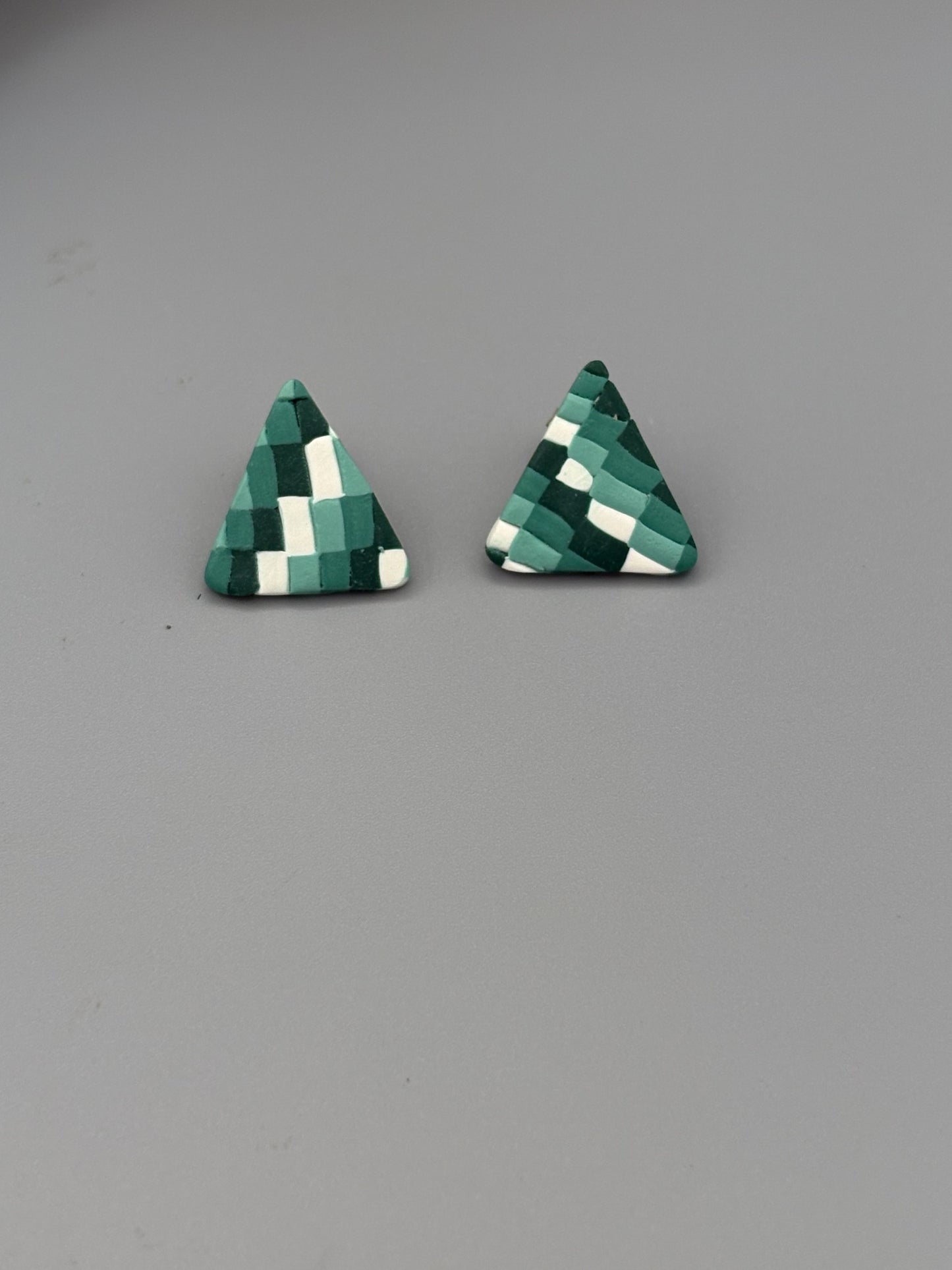 Green Checkered Triangle Stud Earrings - handcrafted polymer clay earrings by Lakeside Clay