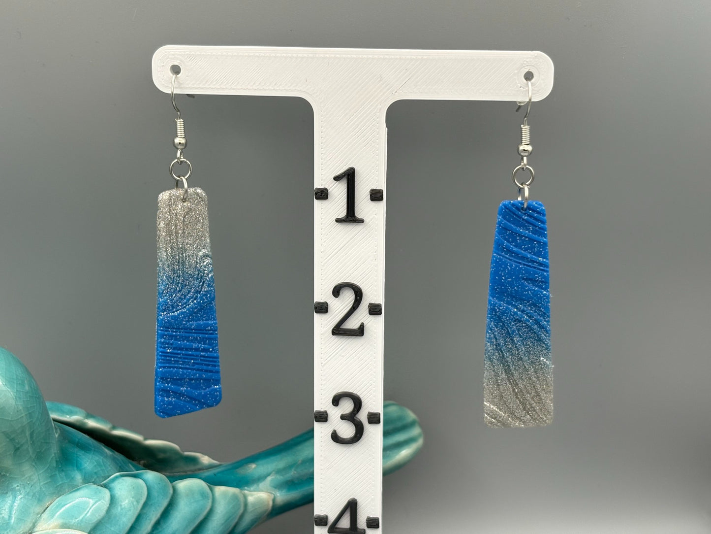 Sparkly Blue to Silver Bar Dangle Earrings - handcrafted polymer clay earrings by Lakeside Clay