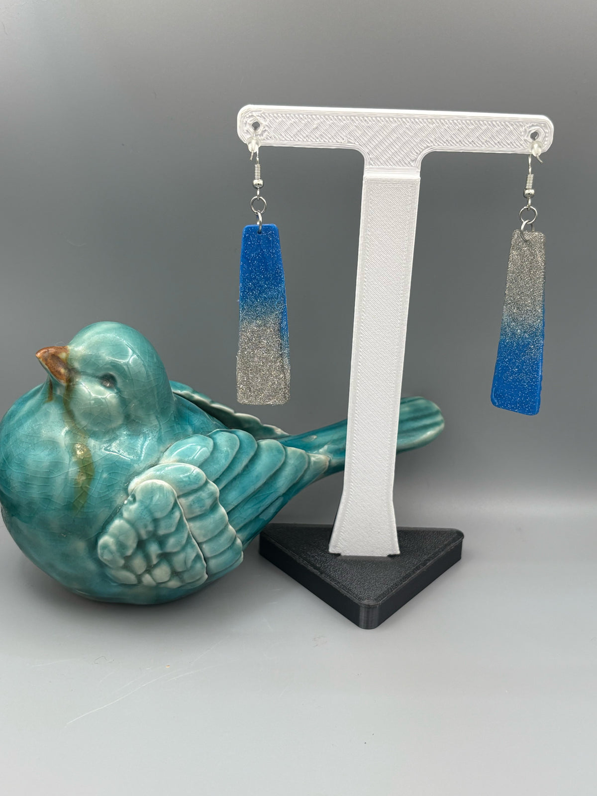 Sparkly Blue to Silver Bar Dangle Earrings - handcrafted polymer clay earrings by Lakeside Clay