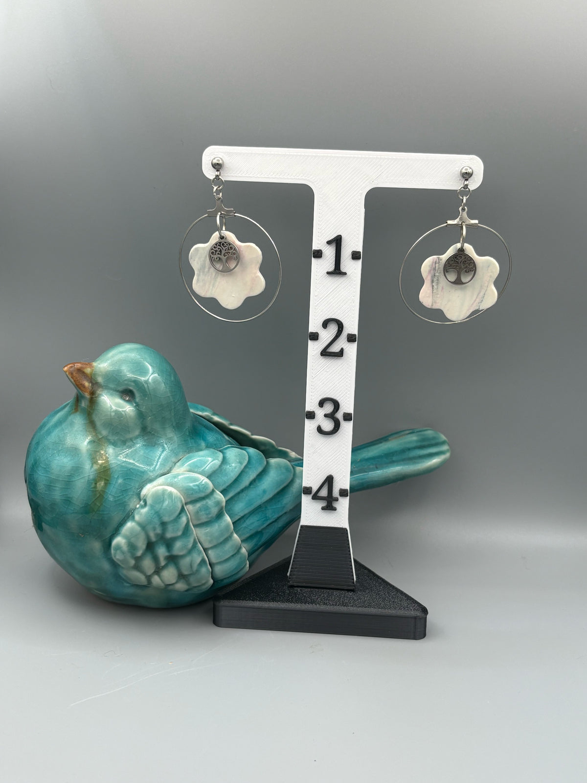 Marble Tree of Life Flower Dangle Earrings - handcrafted polymer clay earrings by Lakeside Clay
