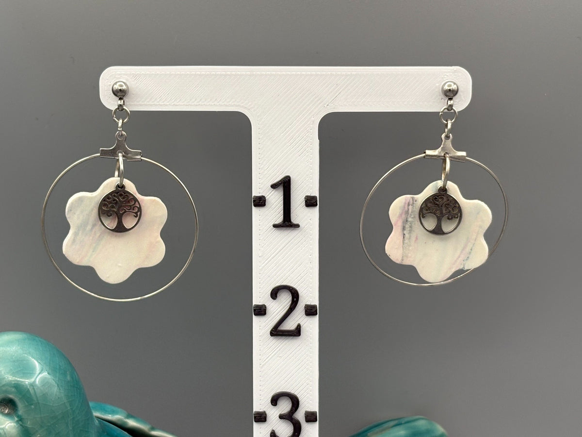 Marble Tree of Life Flower Dangle Earrings - handcrafted polymer clay earrings by Lakeside Clay