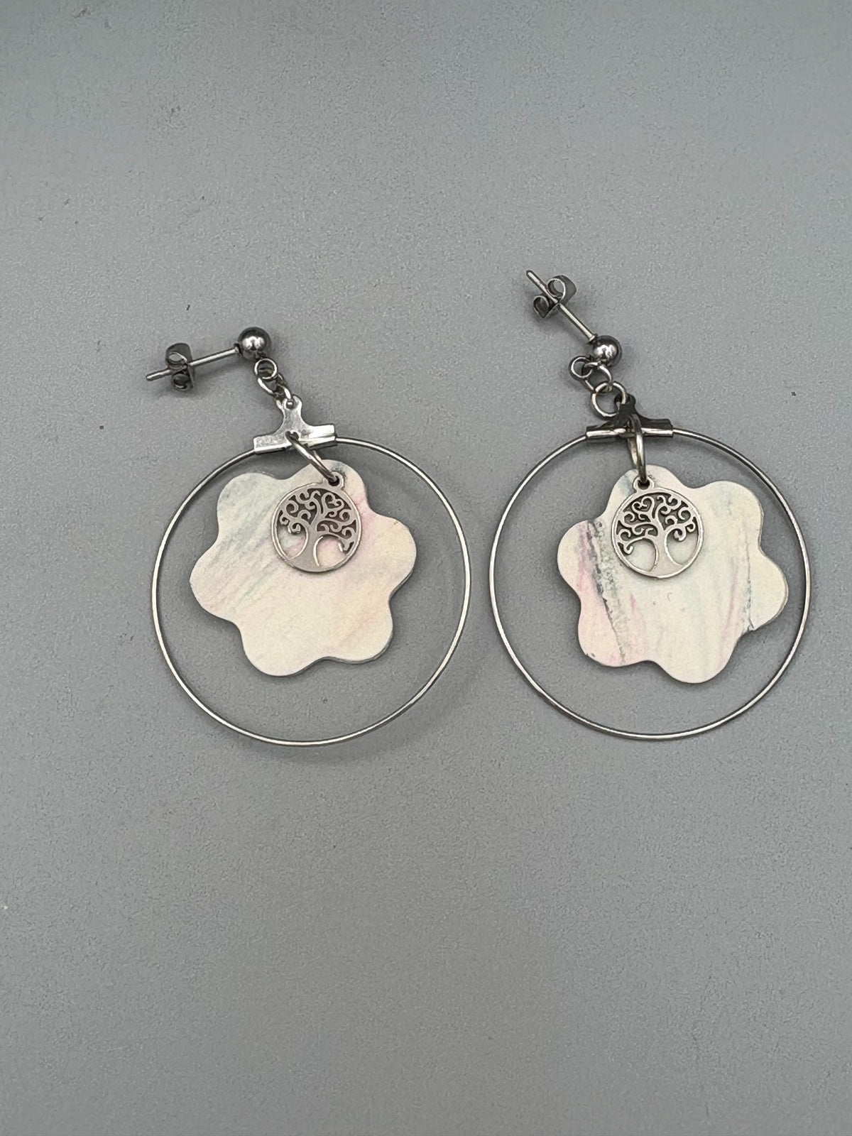Marble Tree of Life Flower Dangle Earrings - handcrafted polymer clay earrings by Lakeside Clay