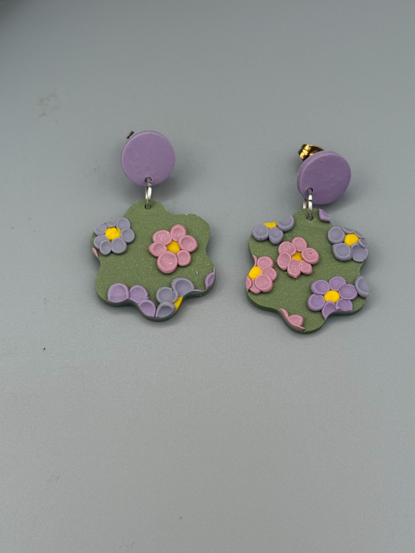 Lavender Fields Flower Dangle Earrings - handcrafted polymer clay earrings by Lakeside Clay