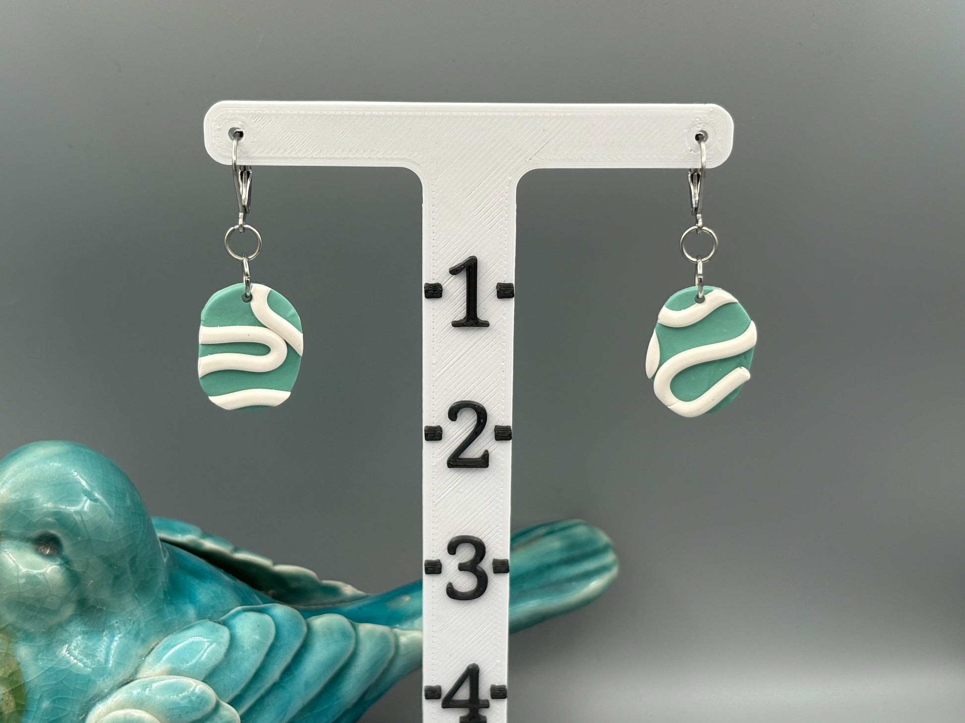 Sage & White Oval Dangle Earrings - handcrafted polymer clay earrings by Lakeside Clay