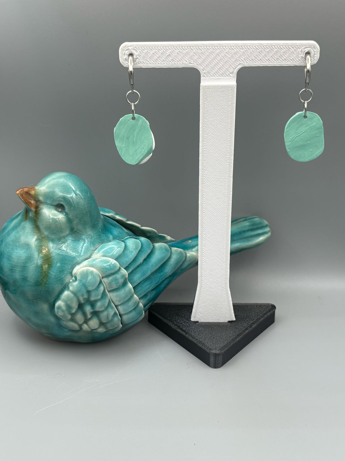 Sage & White Oval Dangle Earrings - handcrafted polymer clay earrings by Lakeside Clay