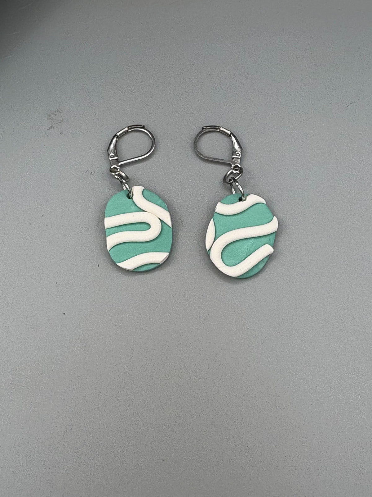 Sage & White Oval Dangle Earrings - handcrafted polymer clay earrings by Lakeside Clay